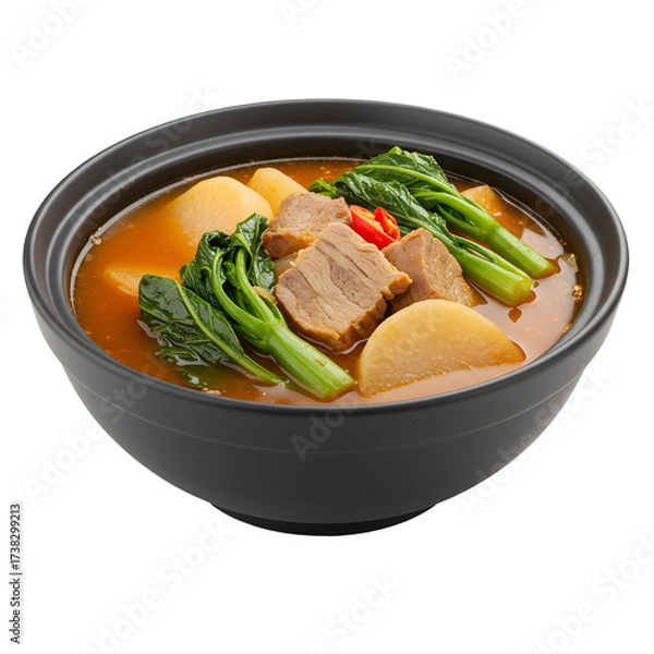 Obraz Hearty stew in a dark bowl with beef greens and radish bathed in a rich broth on white or transparent background
