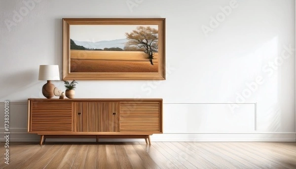 Fototapeta retro wooden cabinet and a painting in an empty living room interior with white walls and copy space place for a sofa real photo