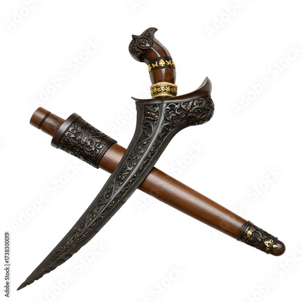 Obraz Ornate dagger  sheath dark blade with detailed carvings decorative handle  wooden sheath with metal accents crossed on white or transparent background