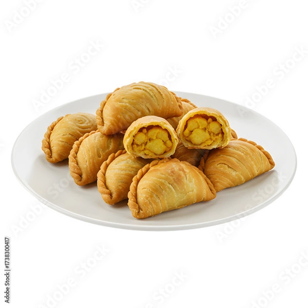 Obraz Plate of golden curry puffs with flaky crusts one cut in half revealing filling on white or transparent background