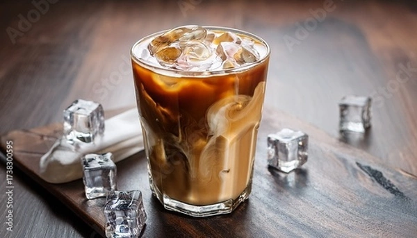 Fototapeta creamy swirls of milk in iced coffee refreshing cold drink with ice cubes beverage cool