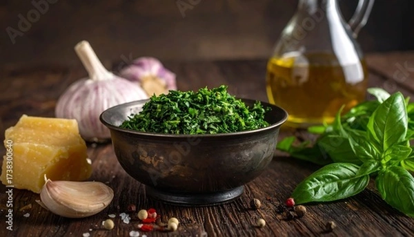 Obraz Fresh basil pesto ingredients on rustic wooden table