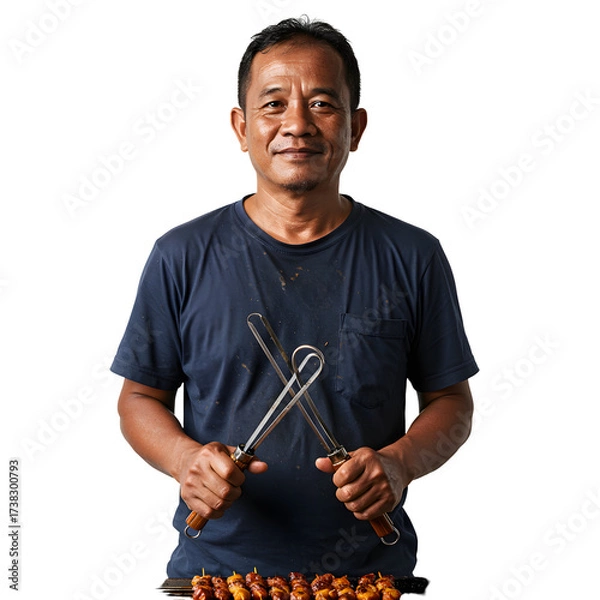 Obraz Smiling man holds satay skewers over grilling food on white or transparent background