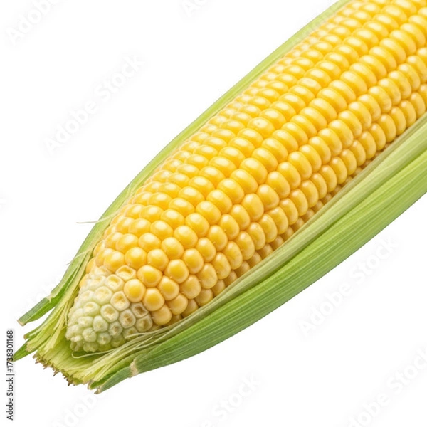 Fototapeta Fresh ripe yellow corn cob with green husks isolated on transparent background