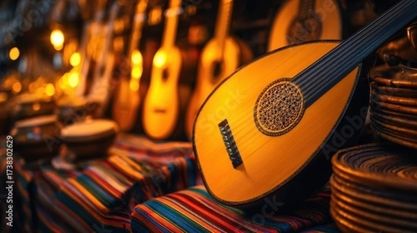 Fototapeta Vibrant display of traditional musical instruments in a colorful market, showcasing craftsmanship and culture