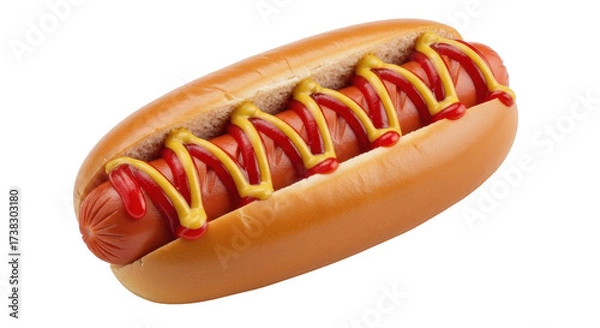 Fototapeta Isolated hot dog in bun with ketchup and mustard, a classic American fast food sandwich
