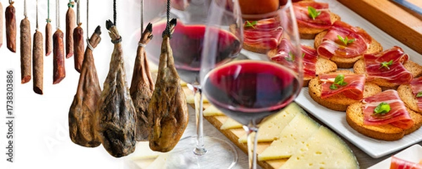 Fototapeta La mesa ibérica fusiona tradición y sabor: jamón, vino y gesto culinario en escena compartida. Jamón en expositor, embutidos colgados, vino, pan con tomate, queso y tomates sobre mesa rústica.