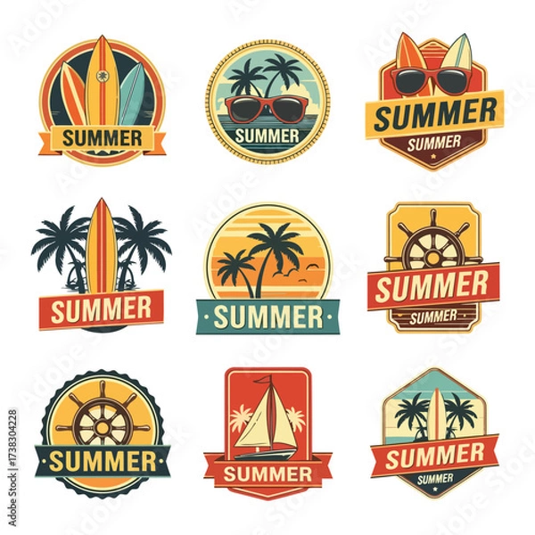 Fototapeta Vector art of collection of summer themed badges featuring surfboards, palm trees, and sunglasses, evoking a sense of vacation and tropical adventures