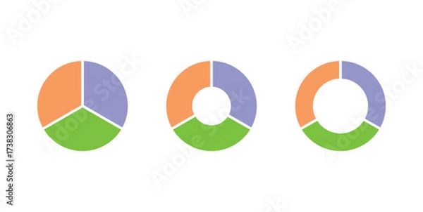 Fototapeta Set of three parts of circle. Pie chart with three same size sectors. Vector illustration isolated on white background.