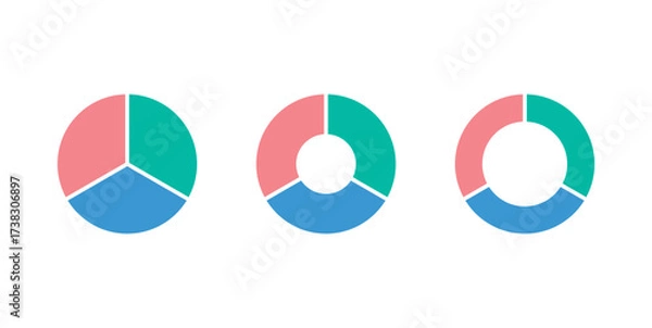 Fototapeta Set of three parts of circle. Pie chart with three same size sectors. Vector illustration isolated on white background.