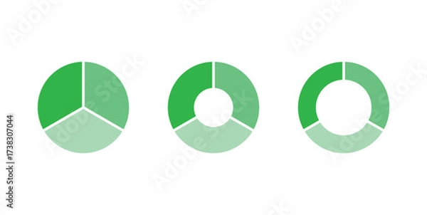 Fototapeta Set of three parts of circle. Pie chart with three same size sectors. Vector illustration isolated on white background.