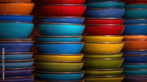 Fototapeta Colorful stacked bowls in a kitchen setting, showcasing vibrant hues and organized arrangement