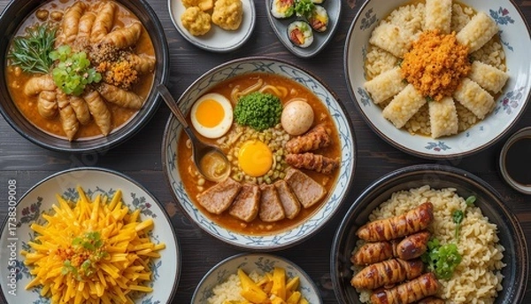 Fototapeta A vibrant Japanese meal set featuring ramen, sushi rolls, grilled meat with rice, fresh vegetables, and colorful side dishes, beautifully served in black bowls