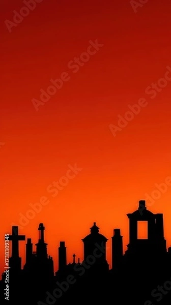 Fototapeta Silhouetted cemetery monuments and crosses stand against a vibrant orange sunset sky, creating a dramatic and solemn atmosphere.