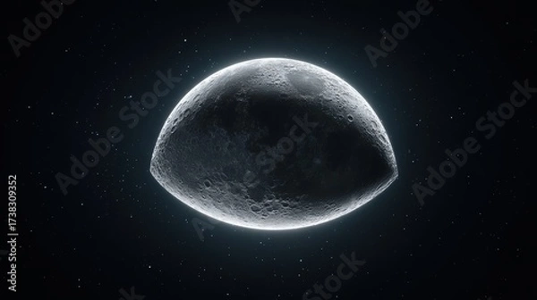 Fototapeta A crescent-shaped celestial body resembling a moon floating in space with a glowing outline and scattered stars in the background.