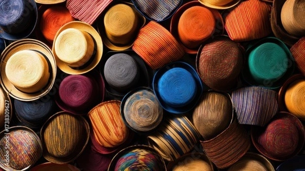 Fototapeta Colorful collection of handcrafted hats stacked together, showcasing vibrant patterns and textures