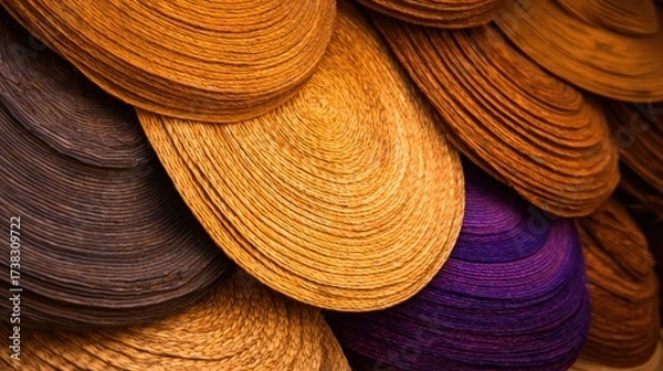 Fototapeta Vibrant display of handcrafted hats in various colors and textures, showcasing artisanal craftsmanship