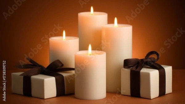 Fototapeta Elegant arrangement of lit candles and gift boxes on a warm background, creating a cozy atmosphere