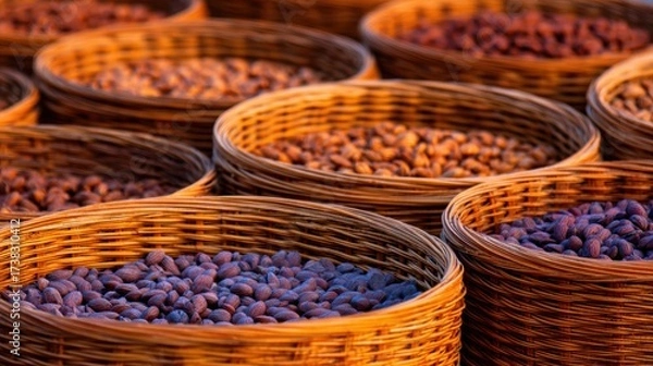 Fototapeta Baskets filled with cocoa beans in warm sunlight, showcasing the harvest process in a rural setting