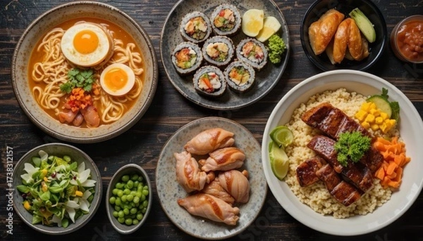 Fototapeta A vibrant Japanese meal set featuring ramen, sushi rolls, grilled meat with rice, fresh vegetables, and colorful side dishes, beautifully served in black bowls