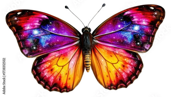 Fototapeta Vibrant galaxy butterfly with cosmic colors and star patterns isolated on white background