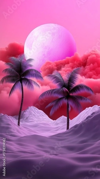 Fototapeta Two palm trees stand on a light purple landscape under a full moon and pink fluffy clouds.