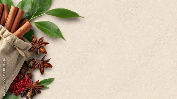 Fototapeta A cozy arrangement of spices and herbs in a burlap sack with leaves and cinnamon sticks on a soft background