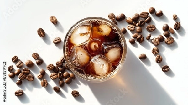 Obraz Minimalist flat lay of iced coffee in glass with condensation, scattered coffee beans around, bright white background, modern food photography