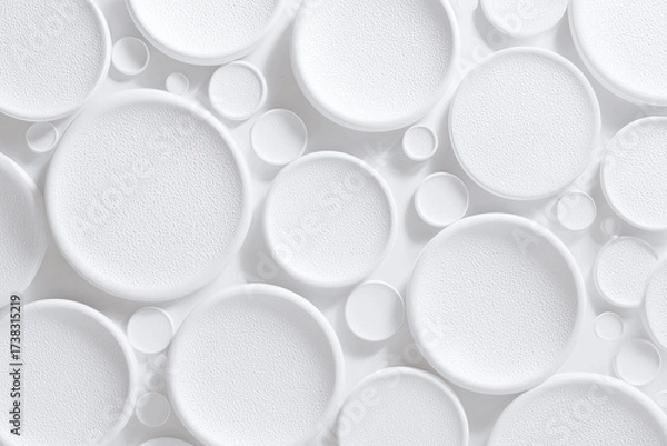 Fototapeta A futuristic flat elevation with circular relief shapes in white, glowing bright overexposed tones, shallow embossed 3D look.