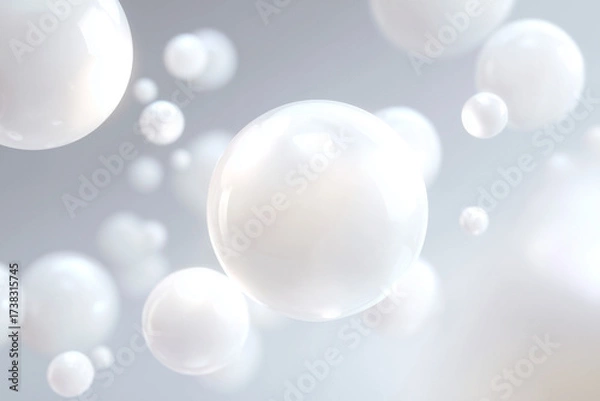 Fototapeta A futuristic scene with several glowing white spheres floating in sharp focus, while the background is softly blurred.
