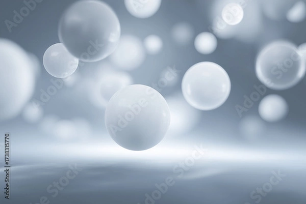 Fototapeta A futuristic scene with several glowing white spheres floating in sharp focus, while the background is softly blurred.
