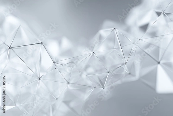 Fototapeta A futuristic white background with floating polygon objects, tech-inspired network blurred softly behind.
