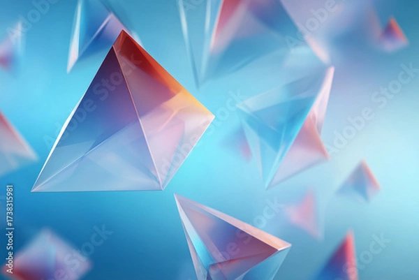 Fototapeta White polygon origami shapes floating in focus, softly blurred gradient background behind, futuristic minimal style.
