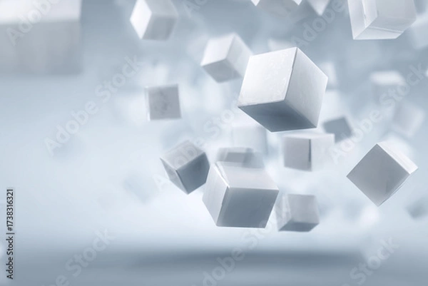 Fototapeta Floating futuristic white cubes in sharp detail, placed against a softly blurred polygonal abstract background.
