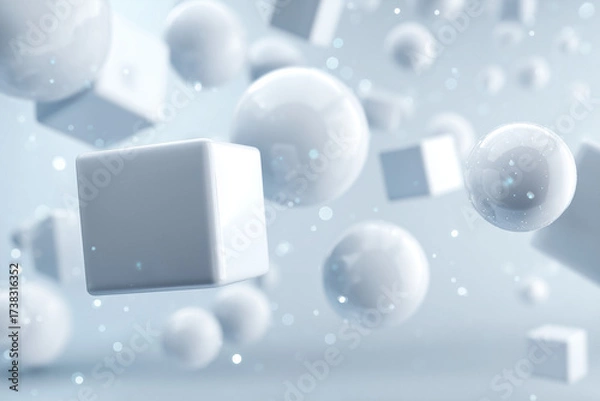 Fototapeta A futuristic minimal composition with spheres, cubes, and cylinders floating against a softly blurred white background.
