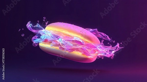 Fototapeta Vibrant hotdog experiences an explosion of holographic water, illuminated with vivid pink and yellow light against a dark background.