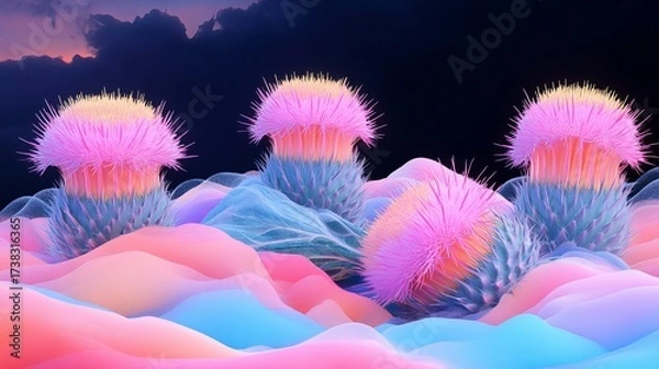 Fototapeta Vibrant fantasy thistle plants stand amidst pastel landforms against a dark sky, displaying surreal beauty and glowing color palettes.