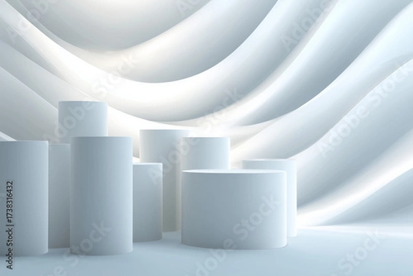 Fototapeta A futuristic flat elevation with circular relief shapes in white, glowing bright overexposed tones, shallow embossed 3D look.
