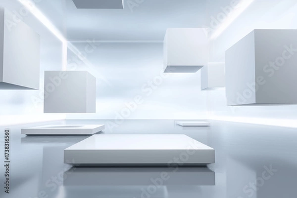 Fototapeta Floating futuristic white cubes in sharp detail, placed against a softly blurred polygonal abstract background.
