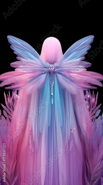 Fototapeta Winged figure stands against a black background showcasing iridescent wings and flowing, layered fabrics.