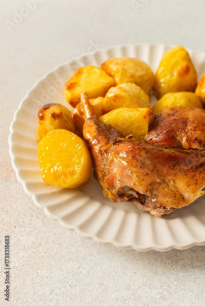 Fototapeta A delicious plate showcases a portion of baked rabbit alongside tender, golden roasted potatoes. The rabbit appears well-seasoned, with a crispy skin, while the potatoes are perfectly cooked