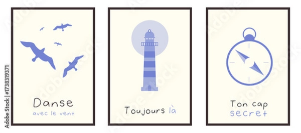 Obraz Marine theme placard or poster set. Trendy vector illustration with short phrases in french. Wall art prints decor for home, office, cafe, bar. Dance with the wind, Always there, Your secret compass.