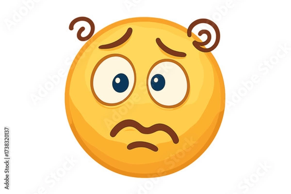 Obraz Confused emoticon face. Anxious emoji icon. Surprised and worried smiley character. Vector illustration for stress, anxiety, and confusion. Shocked expression with dizzy swirls.