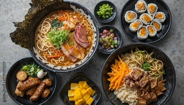 Fototapeta A vibrant Japanese meal set featuring ramen, sushi rolls, grilled meat with rice, fresh vegetables, and colorful side dishes, beautifully served in black bowls