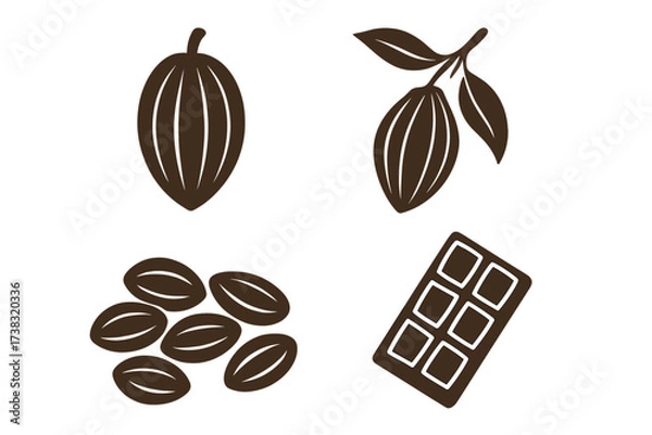 Obraz Cocoa and chocolate icon set. Vector collection of cacao pod, beans and chocolate bar. From bean to bar concept. Sweet food dessert ingredient. Natural organic sweets symbol glyph.
