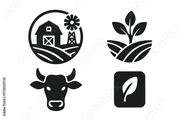 Obraz Agriculture and farming vector icon set. Organic food, natural product symbols. Ranch barn, cow head, plant sprout, and leaf glyphs. Eco friendly farm logo collection.