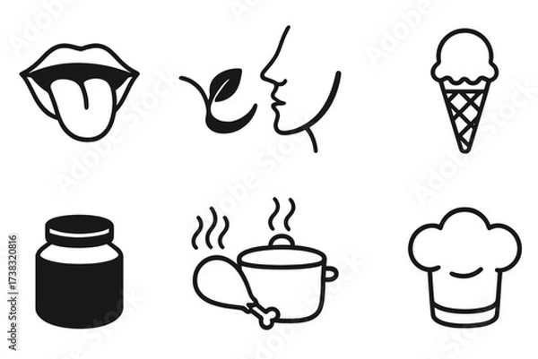 Obraz Food and cooking icon set. Vector line art collection. Taste, smell, chef, kitchen, meal symbols. Gastronomy glyphs for restaurant menu, food product packaging design.