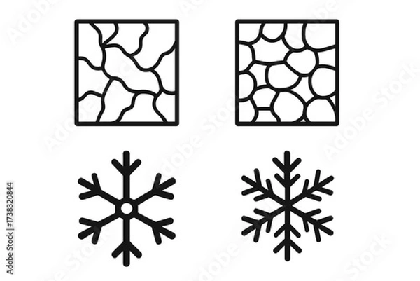 Obraz Vector icon set of frozen textures and snowflakes. Winter symbols collection. Includes ice crack patterns, frost signs, and cold snow crystal shapes. Editable line art.