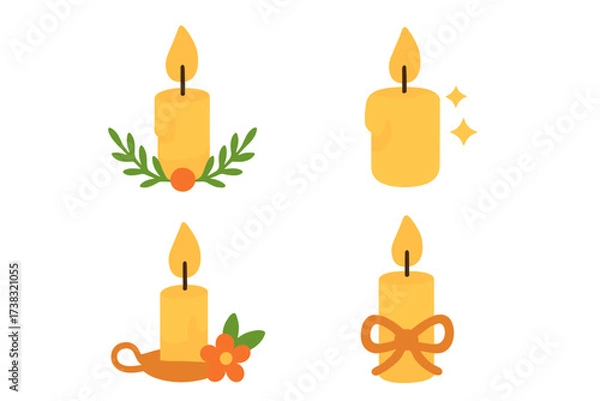 Obraz Set of decorative candle vector icons. Flat design illustration of burning candlelight with flame and wax. For holiday, Christmas, romantic, or spiritual concepts. Isolated.