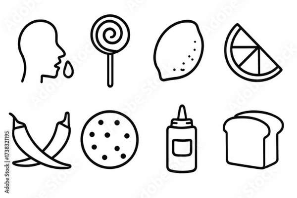 Obraz Taste and flavor icon set. Vector line art of sweet, sour, spicy food. Includes lollipop, lemon, chili pepper, cookie, bread, and sauce. Salivating man drooling concept.